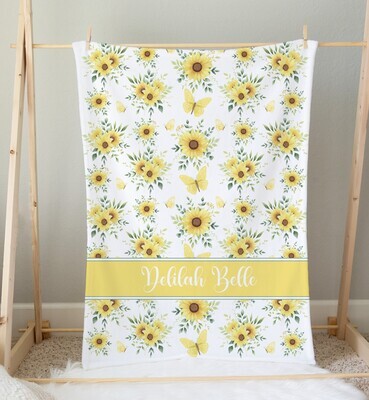 Sunflower Personalized Baby Girl Blanket Shower Gift Girl Bedroom Name Blanket Throw Tummy Time