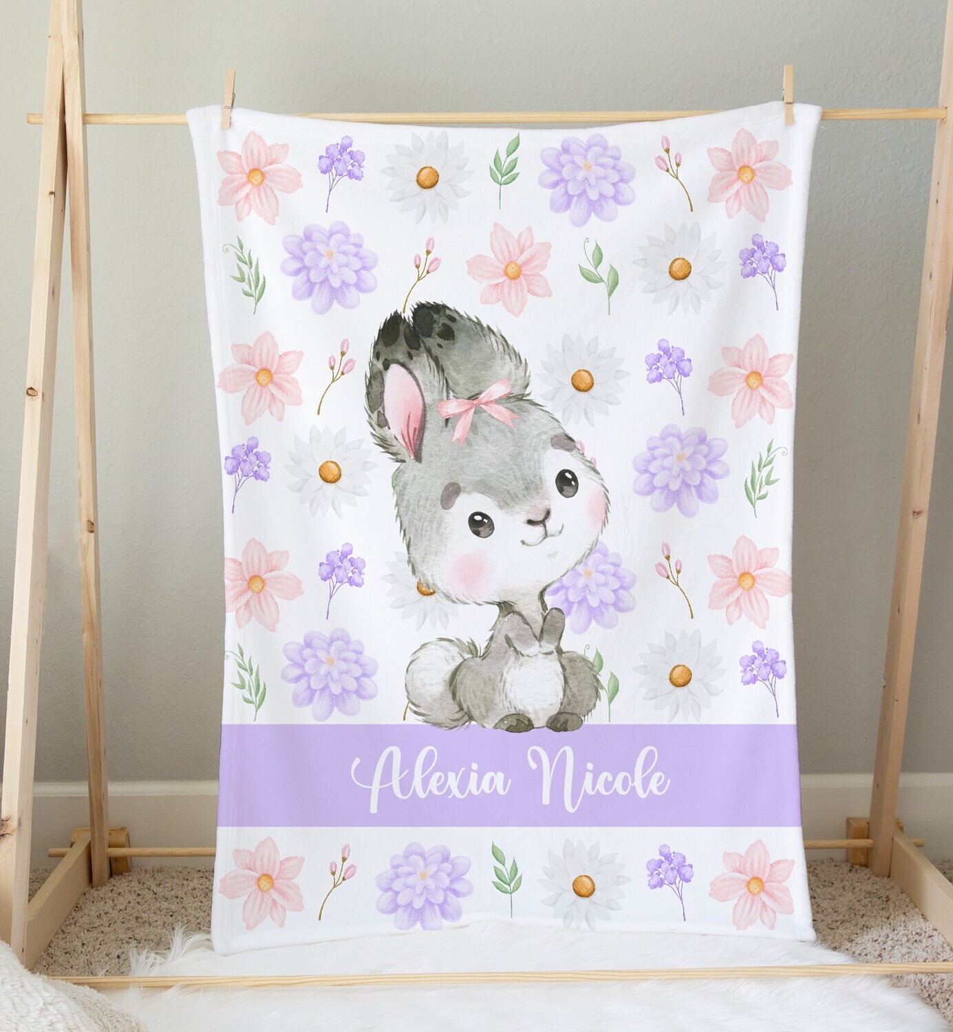 Purple Pink Floral Bunny Personalized Baby Girl Blanket Shower Gift Girl Bedroom Name Blanket Throw Tummy Time