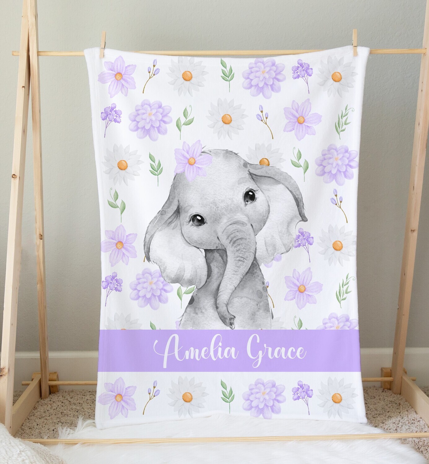 Purple Floral Bunny Personalized Baby Girl Blanket Shower Gift Girl Bedroom Name Blanket Throw Tummy Time