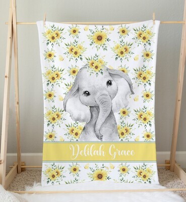 Sunflower Elephant Personalized Baby Girl Blanket Shower Gift Girl Bedroom Name Blanket Throw Tummy Time