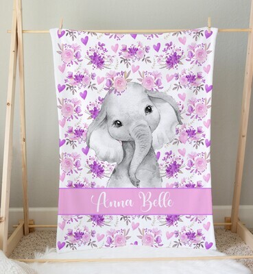 Pink Purple Floral Elephant Personalized Baby Girl Blanket Shower Gift Girl Bedroom Name Blanket Throw Tummy Time