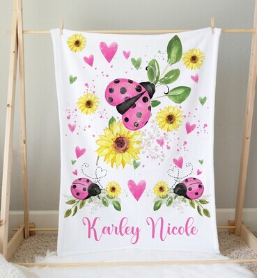 Ladybug Sunflower Personalized Baby Girl Blanket Shower Gift Girl Bedroom Name Blanket Throw Tummy Time