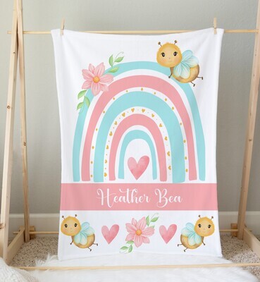 Rainbow Bumble Bee Personalized Baby Girl Blanket Shower Gift Girl Bedroom Name Blanket Throw Tummy Time