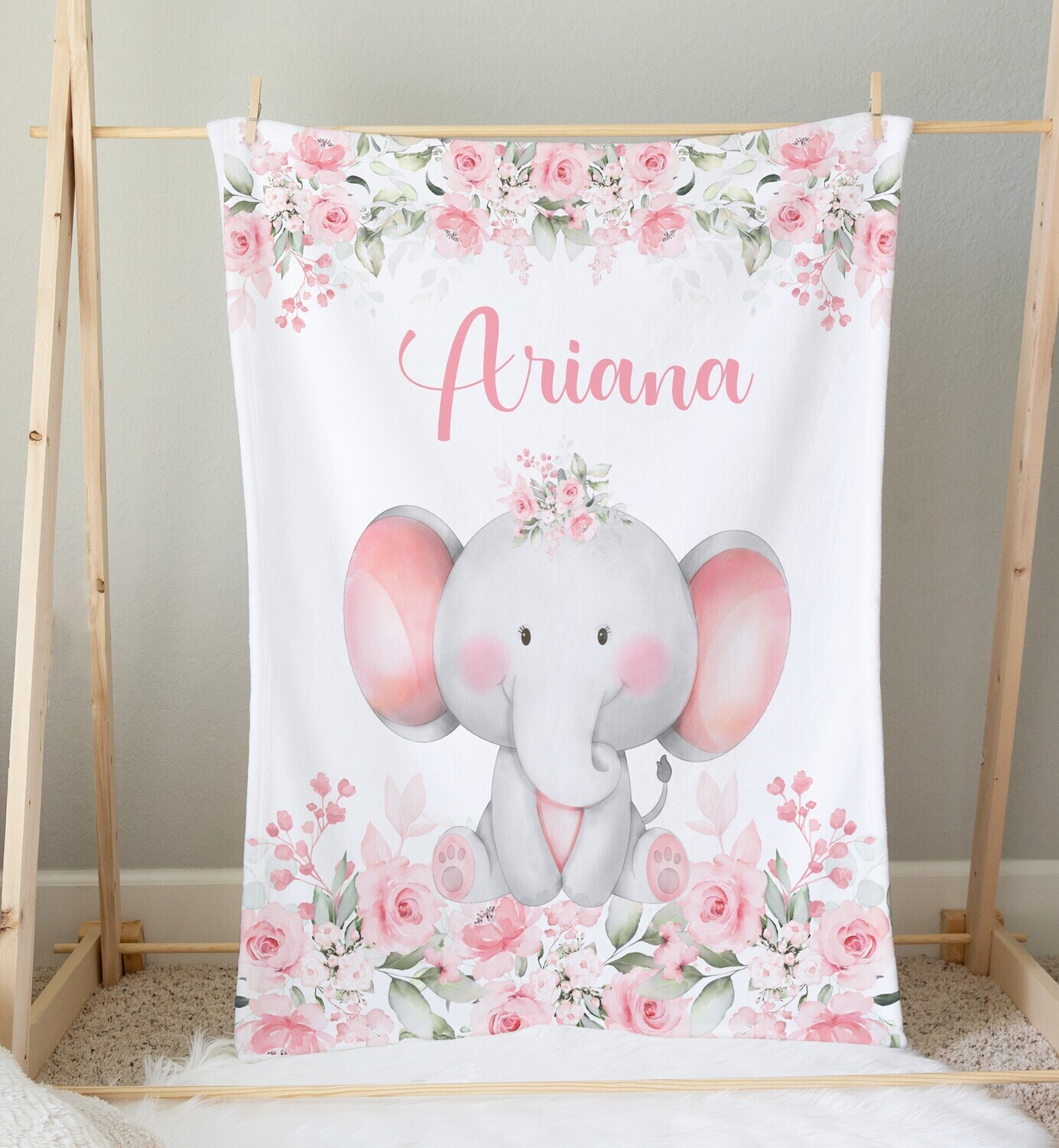 Floral Elephant Personalized Baby Girl Blanket Shower Gift Girl Bedroom Name Blanket Throw Tummy Time