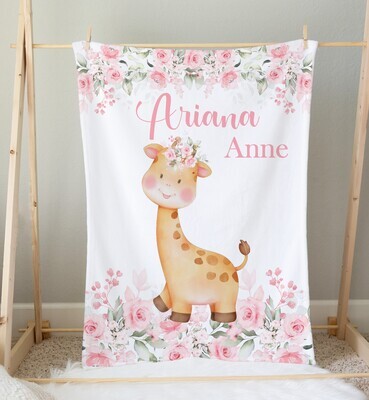 Floral Giraffe Personalized Baby Girl Blanket Shower Gift Girl Bedroom Name Blanket Throw Tummy Time