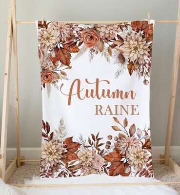 Autumn Floral Fall Flowers Personalized Baby Girl Blanket Shower Gift Girl Bedroom Name Blanket Throw Tummy Time