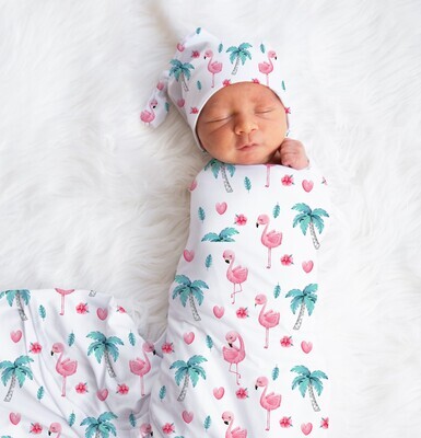 Flamingo Baby Girl Swaddle Blanket Newborn Swaddle Blanket Knotted Baby Cap Baby Gift Hospital Photo Newborn Photo Newborn Blanket