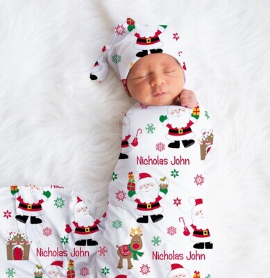Christmas Swaddle Santa Blanket Newborn Swaddle Blanket Knotted Baby Cap Headband Baby Gift Hospital Photo Newborn Photo Newborn Blanket