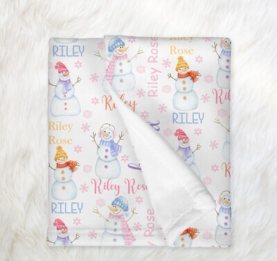 Snowman Baby Girl Personalized Blanket Custom Name Blanket Christmas Gift Custom Name Blanket Winter Bedroom Nursery Throw Tummy Time