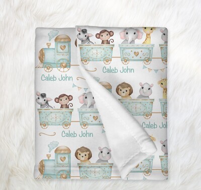 Safari Animal Train Personalized Baby Boy Blanket Shower Gift Girl Bedroom Name Blanket Throw Tummy Time