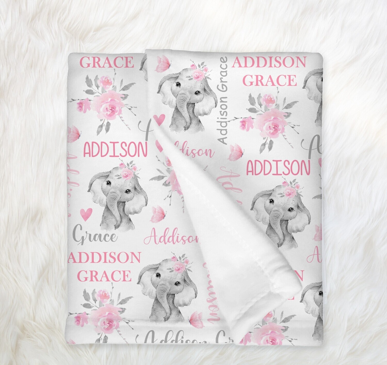 Pink Floral Elephant Personalized Baby Girl Blanket Custom Name Blanket Shower Gift Girl Bedroom Name Blanket Throw Tummy Time