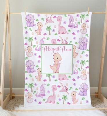 Dinosaur Personalized Baby Girl Blanket Custom Name Blanket Shower Gift Girl Bedroom Name Blanket Throw Tummy Time
