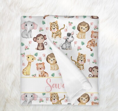 Safari Animals Personalized Baby Girl Blanket Shower Gift Girl Bedroom Name Blanket Throw Tummy Time