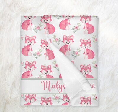 Personalized Baby Girl Blanket Fox Floral Woodland Animal Blanket Girls Bedroom Throw Tummy Time Baby Shower Gift
