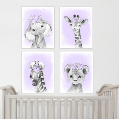 Safari Animals Baby Girl Nursery Wall Art Decor Purple Floral Elephant Giraffe Lion Zebra 4 UNFRAMED PRINTS or CANVAS
