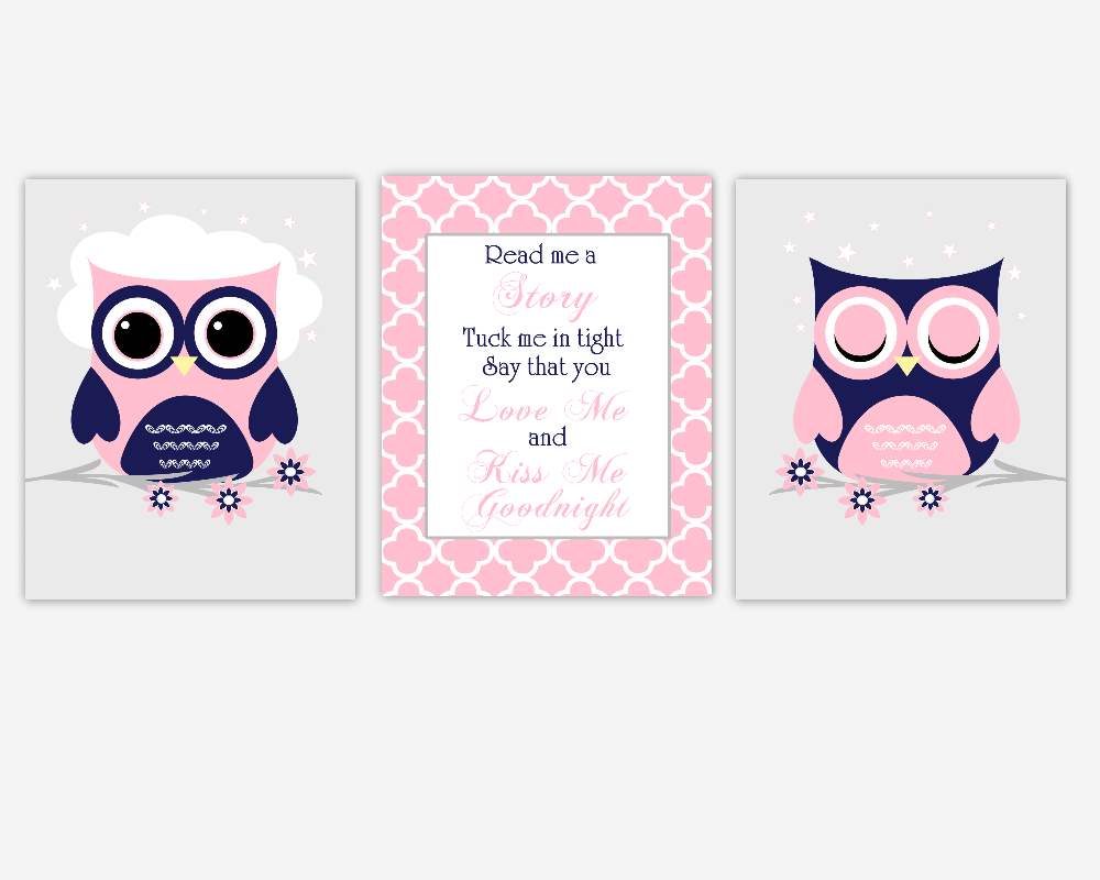 Baby Girl Nursery Wall Art Navy Blue Pink Owls Read Me A Story Nursery Rhymes Songs Quotes Baby Nursery Decor SET OF 3 UNFRAMED PRINTS
