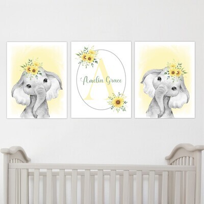 Elephant Baby Girl Nursery Wall Art Decor Yellow Sunflower Floral Crown Elephant Personalized Prints SET OF 3 UNFRAMED PRINTS or CANVAS