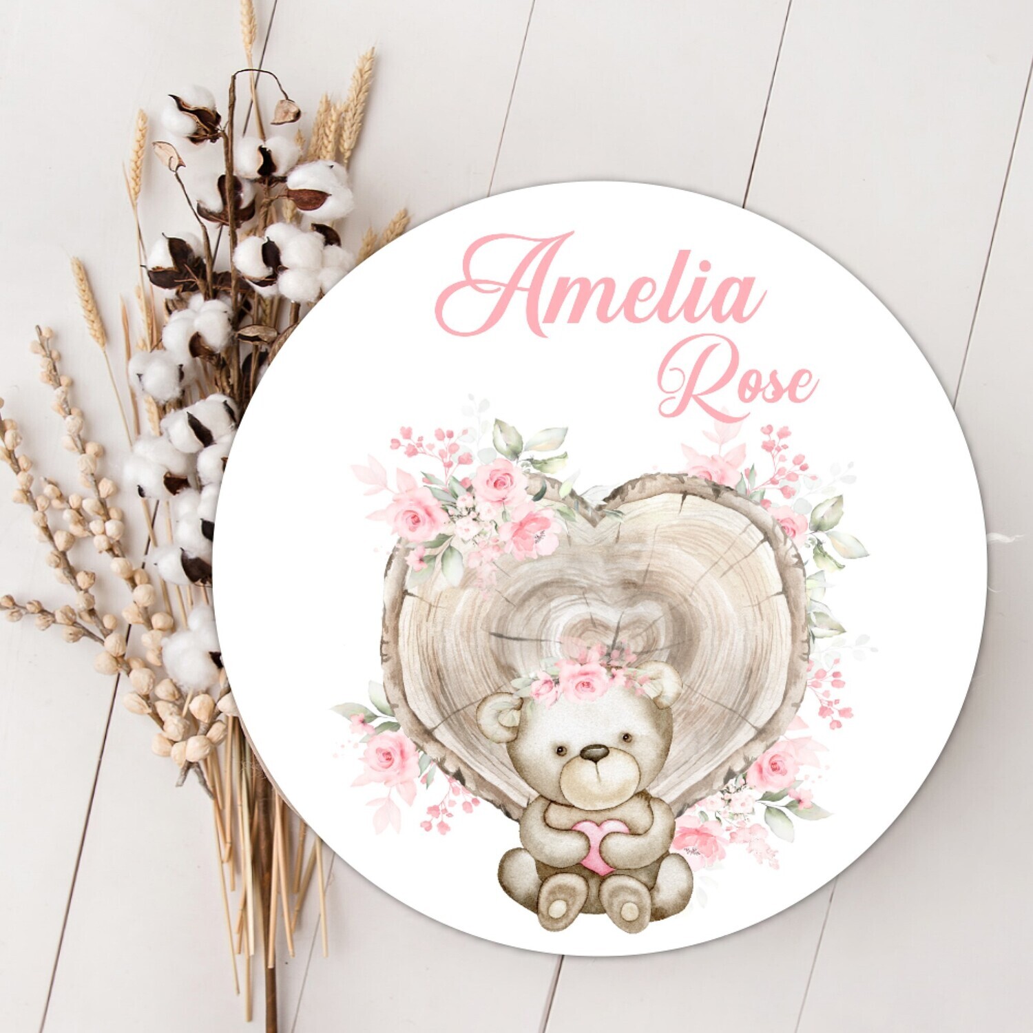 Pink Roses Teddy Bear Personalized Wood Sign, Baby Name Sign, Birth Announcement Sign, Wood Wall Decor, Baby Nursery Decor Baby, Gift, Fresh 48 Photo Prop