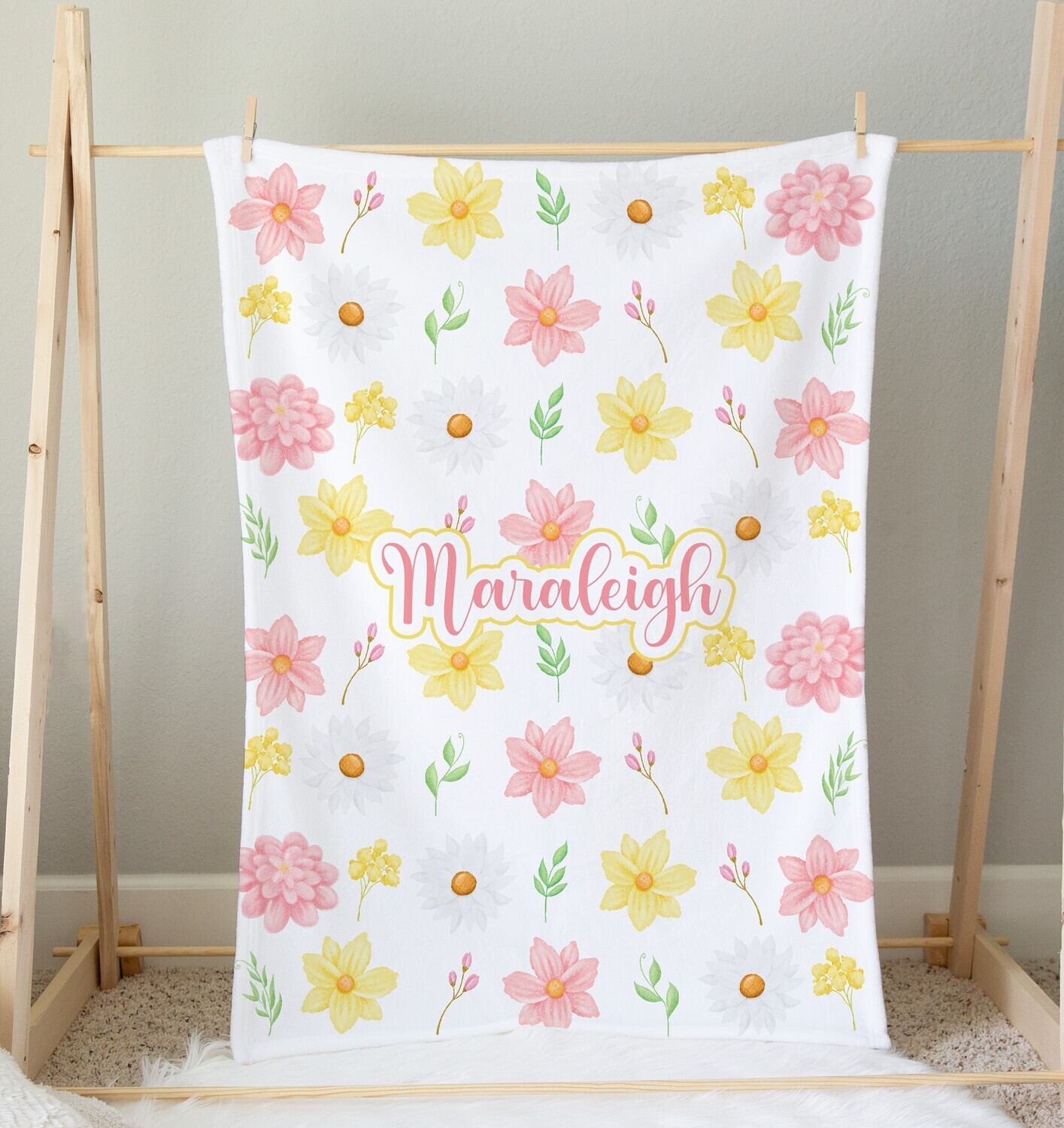 Pink Yellow Floral Personalized Baby Girl Blanket Shower Gift Girl Bedroom Name Blanket Throw Tummy Time