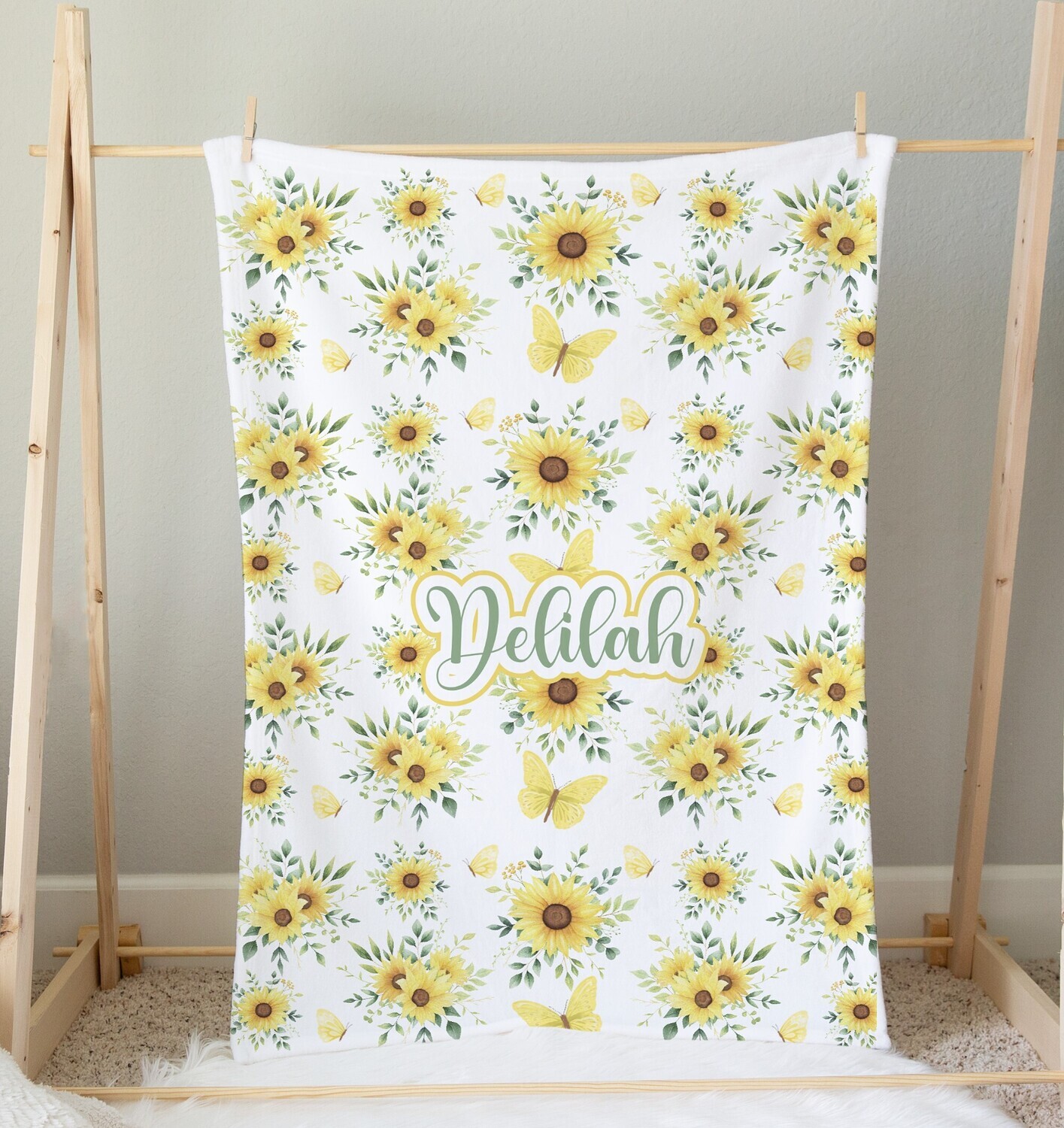 Sunflower Personalized Baby Girl Blanket Shower Gift Girl Bedroom Name Blanket Throw Tummy Time