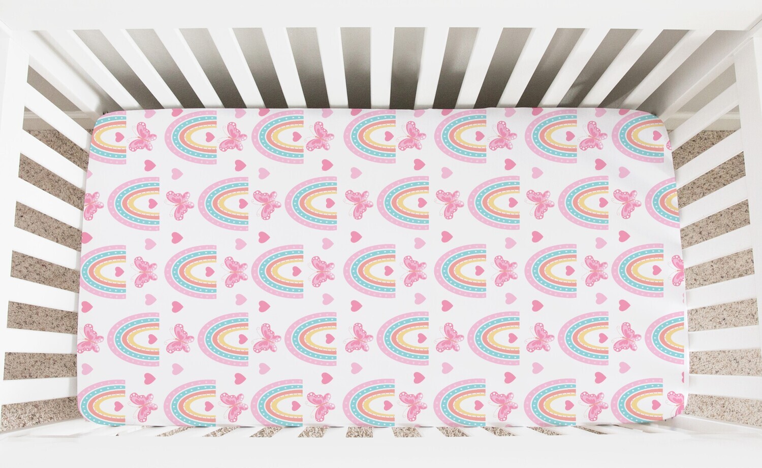 RAINBOW BUTTERFLY Crib Sheet Baby Girl Blanket Swaddle Blanket Knotted Hat Set Baby Blanket Baby Gift Baby Nursery Bedding
