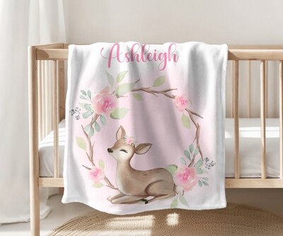 DEER Baby Girl Personalized Blanket Newborn Baby Blanket Shower Gift Minky Fleece Sherpa Swaddle Newborn Photo Op Bedroom Blanket