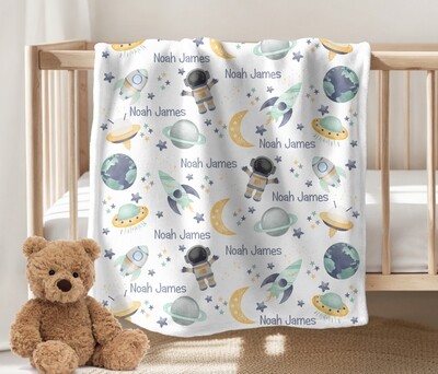 OUTER SPACE ASTRONAUT Baby Boy Personalized Blanket Newborn Baby Blanket Shower Gift Minky Fleece Sherpa Swaddle Newborn Photo Op Bedroom Blanket