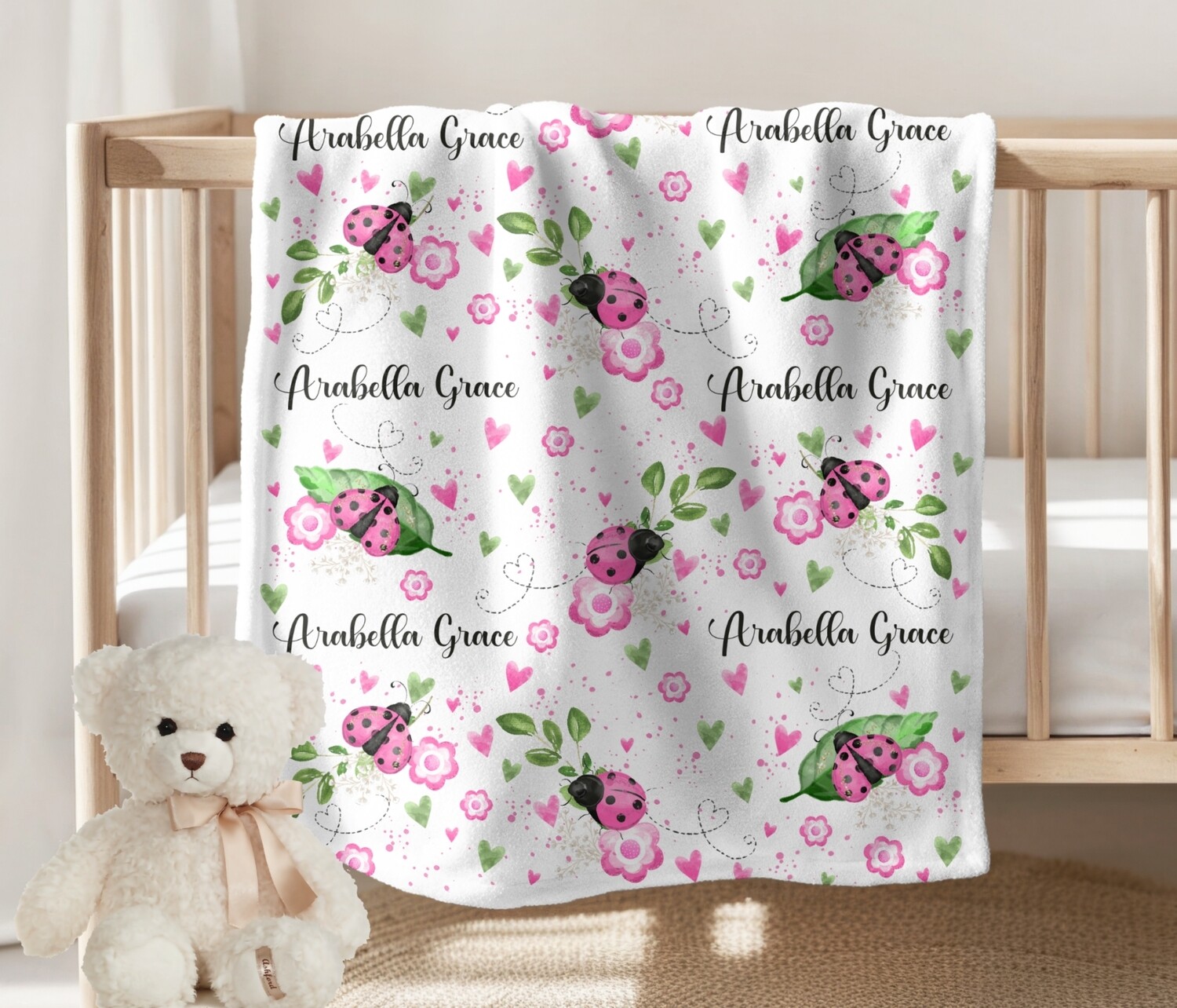 LADYBUG Baby Girl Personalized Blanket Newborn Baby Blanket Shower Gift Minky Fleece Sherpa Swaddle Newborn Photo Op Bedroom Blanket