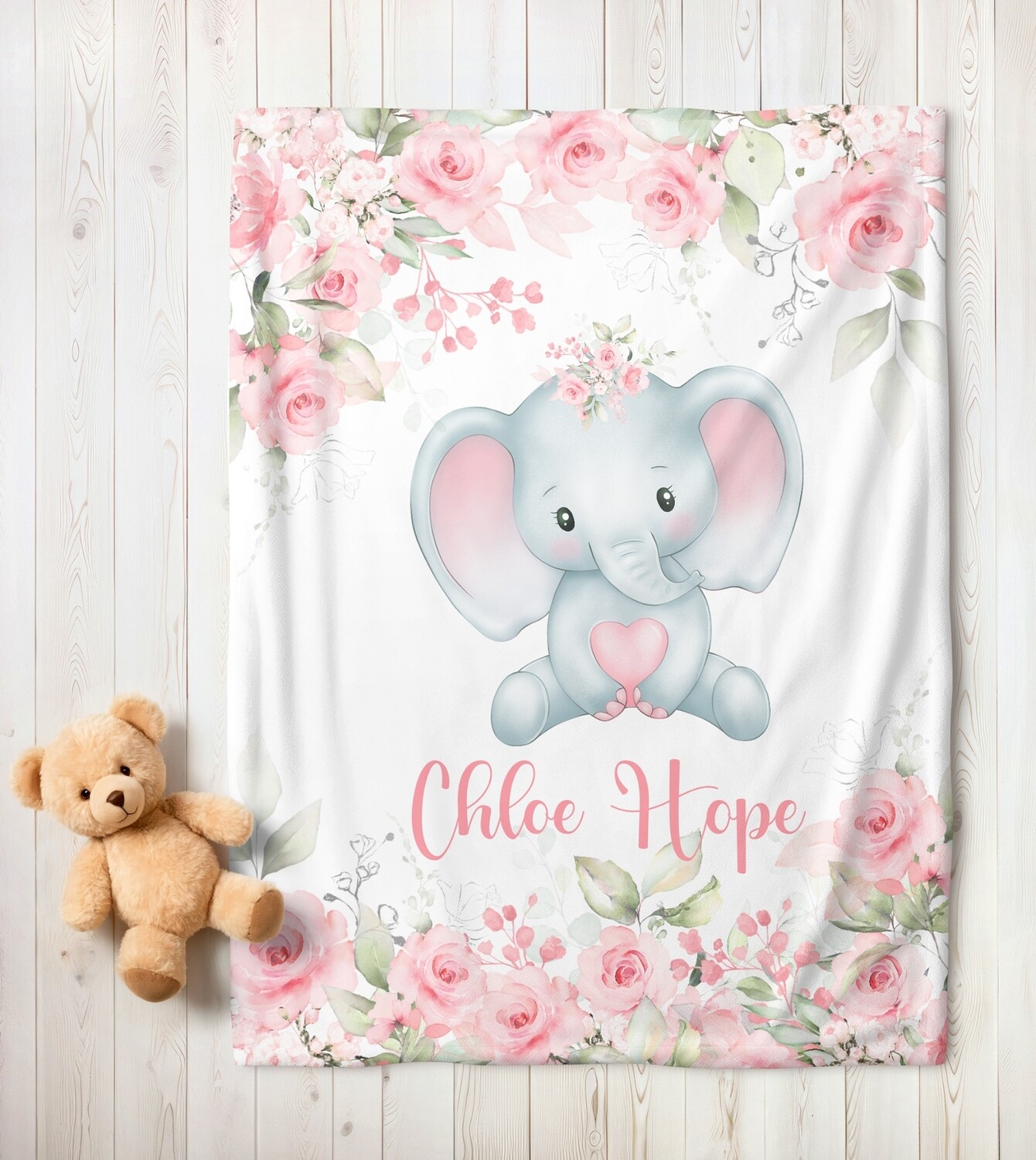 PINK FLORAL ELEPHANT Baby Girl Personalized Blanket Newborn Baby Blanket Shower Gift Minky Fleece Sherpa Swaddle Newborn Photo Op Bedroom Blanket