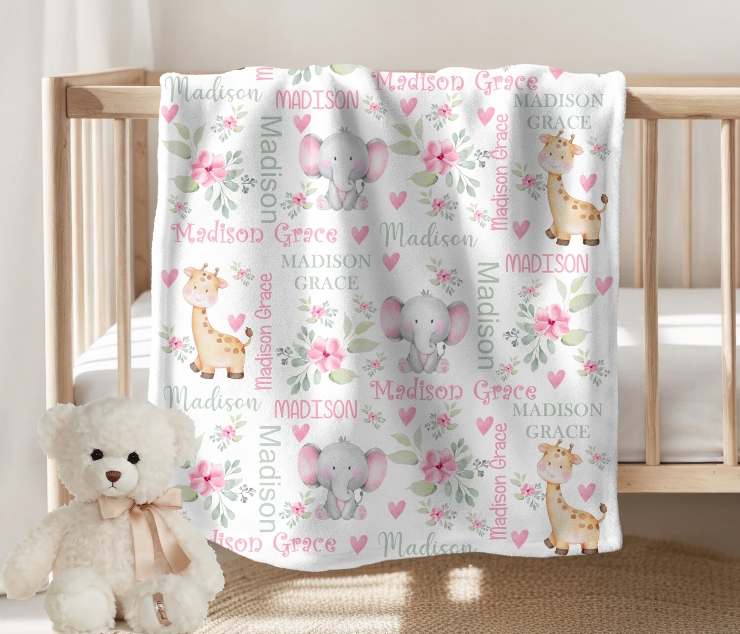 ELEPHANT GIRAFFE Baby Girl Personalized Blanket Newborn Baby Blanket Shower Gift Minky Fleece Sherpa Swaddle Newborn Photo Op Bedroom Blanket