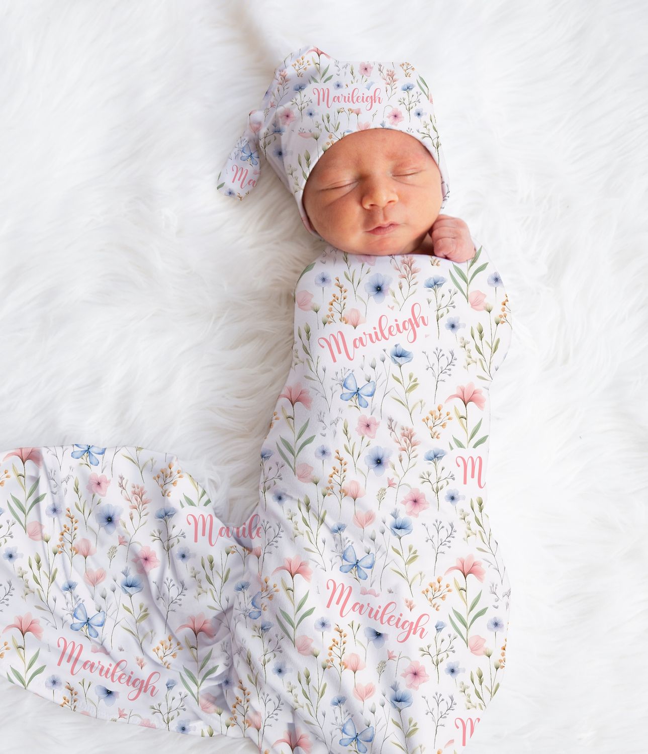 WILDFLOWER Baby Girl Swaddle Blanket Newborn Personalized Swaddle Blanket Knotted Baby Cap Baby Gift Hospital Photo Newborn Photo Newborn Blanket