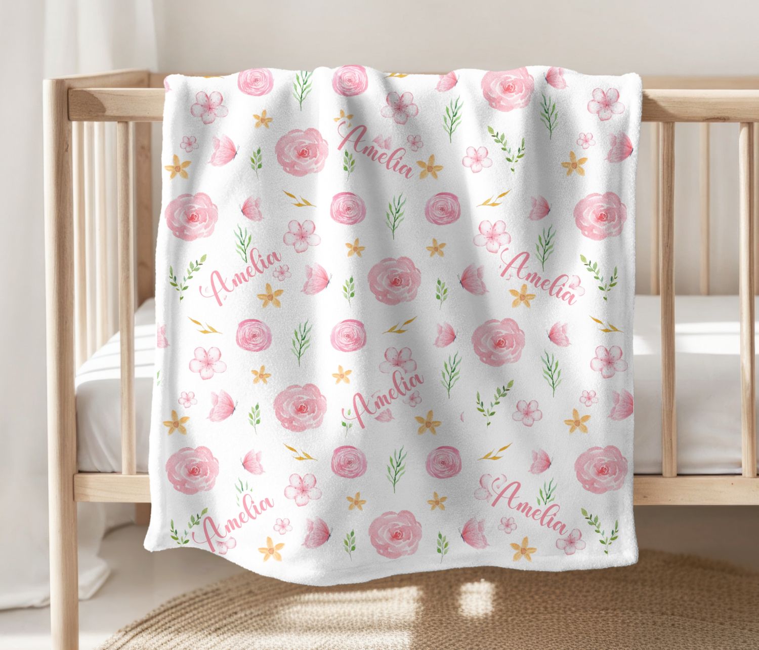 PINK FLORAL Baby Girl Personalized Blanket Newborn Baby Blanket Shower Gift Minky Fleece Sherpa Swaddle Newborn Photo Op Bedroom Blanket