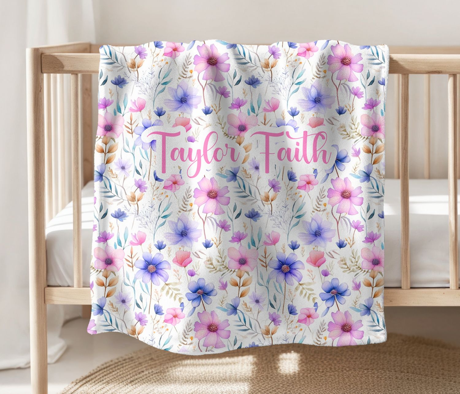 WILDFLOWER Baby Girl Personalized Blanket Newborn Baby Blanket Shower Gift Minky Fleece Sherpa Swaddle Newborn Photo Op Bedroom Blanket