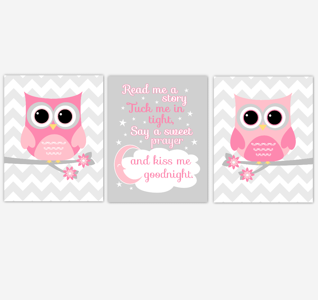 Pink Owl Baby Girl Nursery Art Read Me A Story Kiss Me Goodnight Baby Nursery Decor Set Of 3 Unframed Prints Dezignerheart Designs C Personalized Baby Nursery Decor Gifts