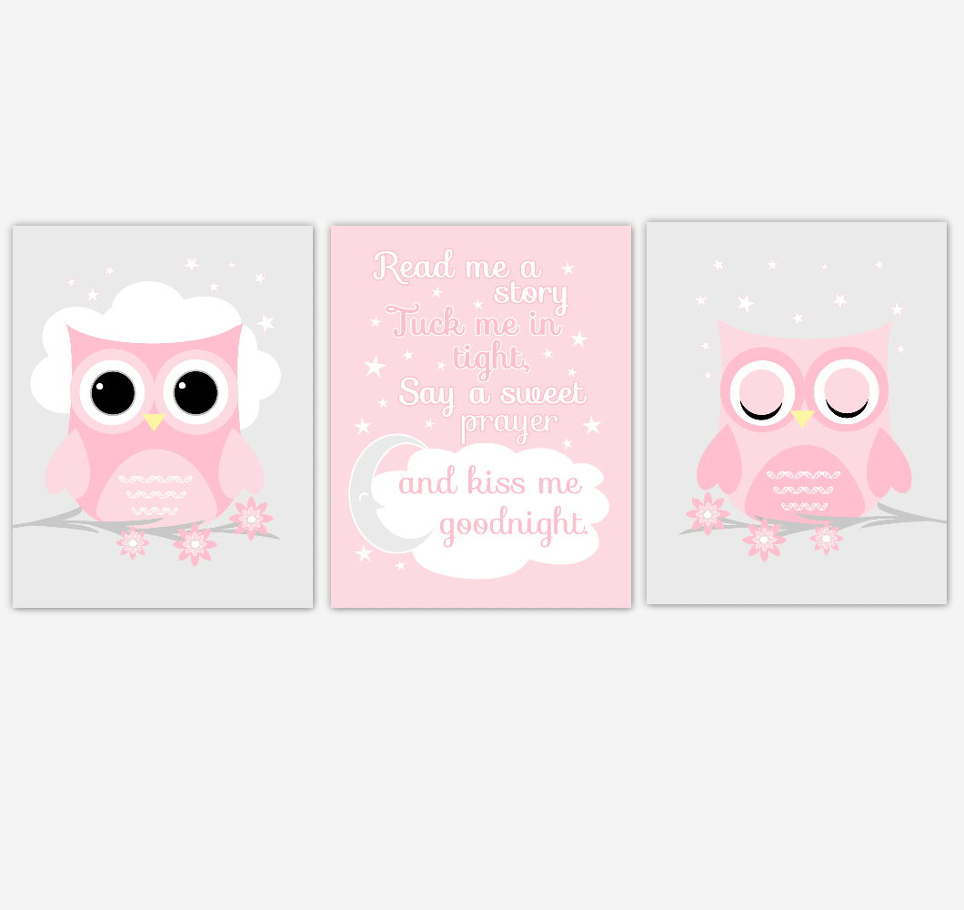 Pink Owl Baby Girl Nursery Art Read Me A Story Kiss Me Goodnight Baby Nursery Decor SET OF 3 UNFRAMED PRINTS