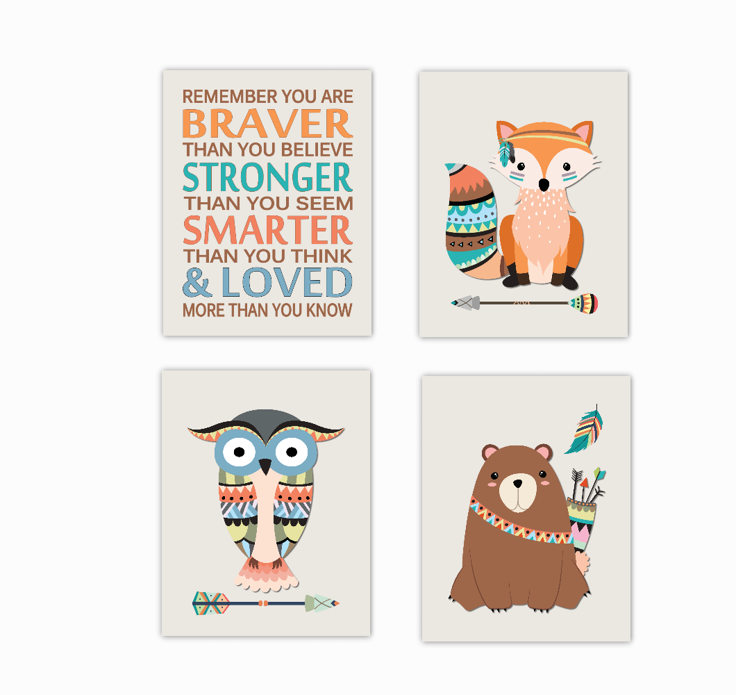 Tribal Woodland Nursery Art Fox Owl Bear Always Remember You Are Braver Baby Nursery Decor SET OF 4 UNFRAMED PRINTS