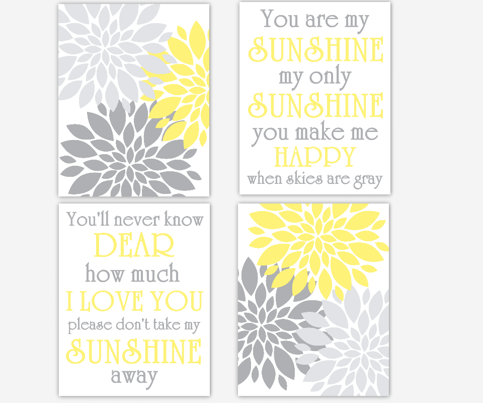 Baby Girl Nursery Wall Art Gray Yellow Grey Flower Bursts Dahlias Floral Blooms You Are My Sunshine Prints For Girls Room Flower Floral Art For Girls Bedroom Song Prints For Baby Nursery