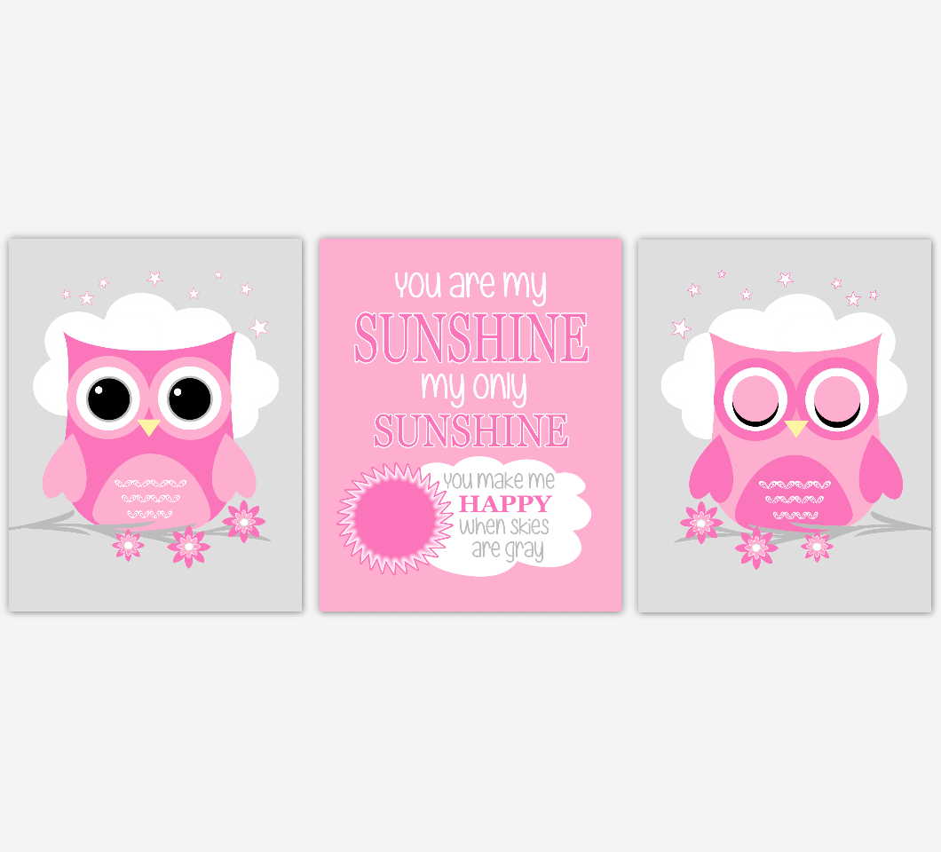 Baby Girl Nursery Art Pink Gray Owls You Are My Sunshine Baby Nursery DecorSET OF 3 UNFRAMED PRINTS