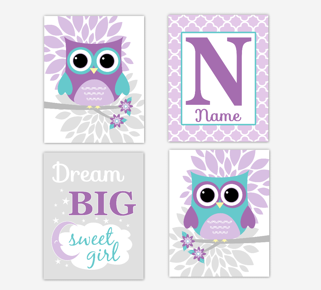 Purple Teal Baby Girl Nursery Art Owls Dahlia Mum Flowers Dream Big Personalized Print Baby Nursery Decor SET OF 4 UNFRAMED PRINTS
