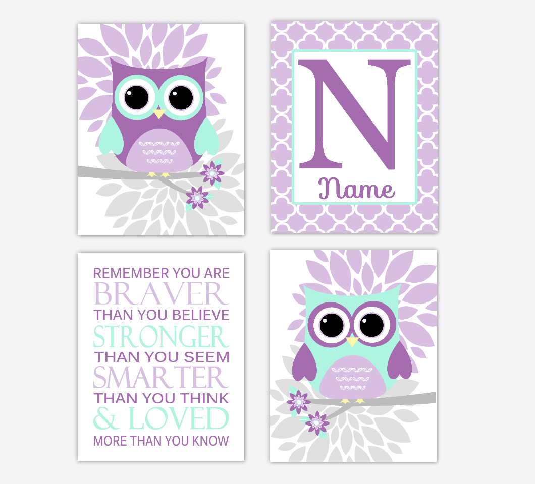 Purple Mint Green Baby Girl Nursery Wall Art Owls Mum Dahlia Flowers Personalized Name Remember You Are Braver Baby Nursery Decor SET OF 4 UNFRAMED PRINTS