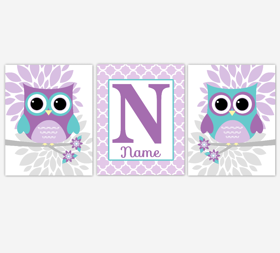 Purple Teal Owl Baby Girl Nurser Wall Art Flower Mum Dahlia Personalized Baby Nursery Decor