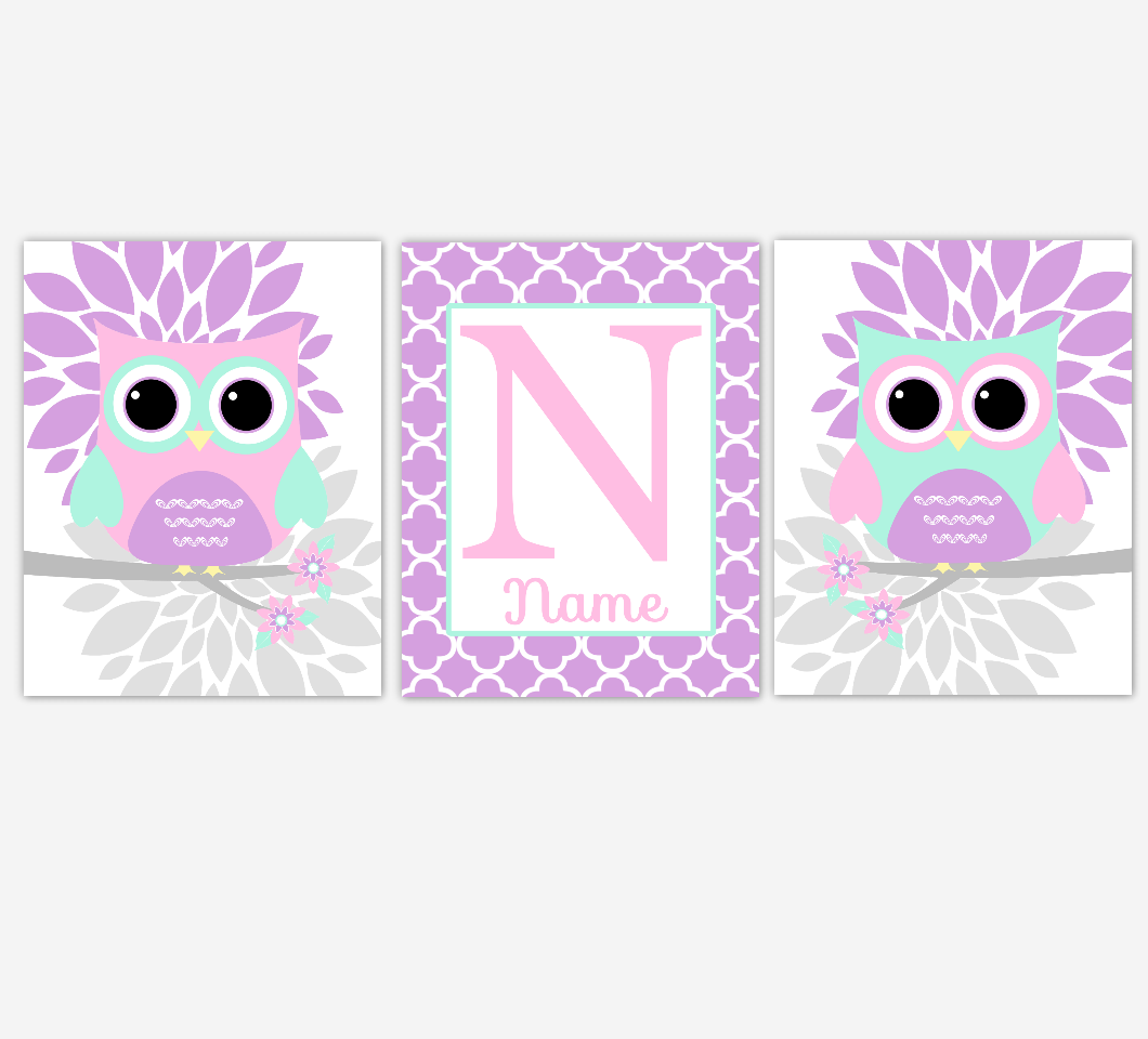 Pink Purple Mint Baby Girl Nursery Wall Art Owls Dahlia Mum Flowers Personalized Baby Nursery Decor