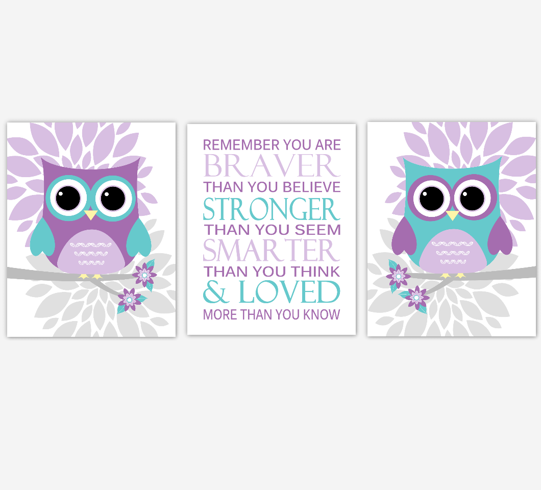 Purple Teal Owl Baby Nursery Wall Art Dahlia Mum Flower Baby Nursery Decor