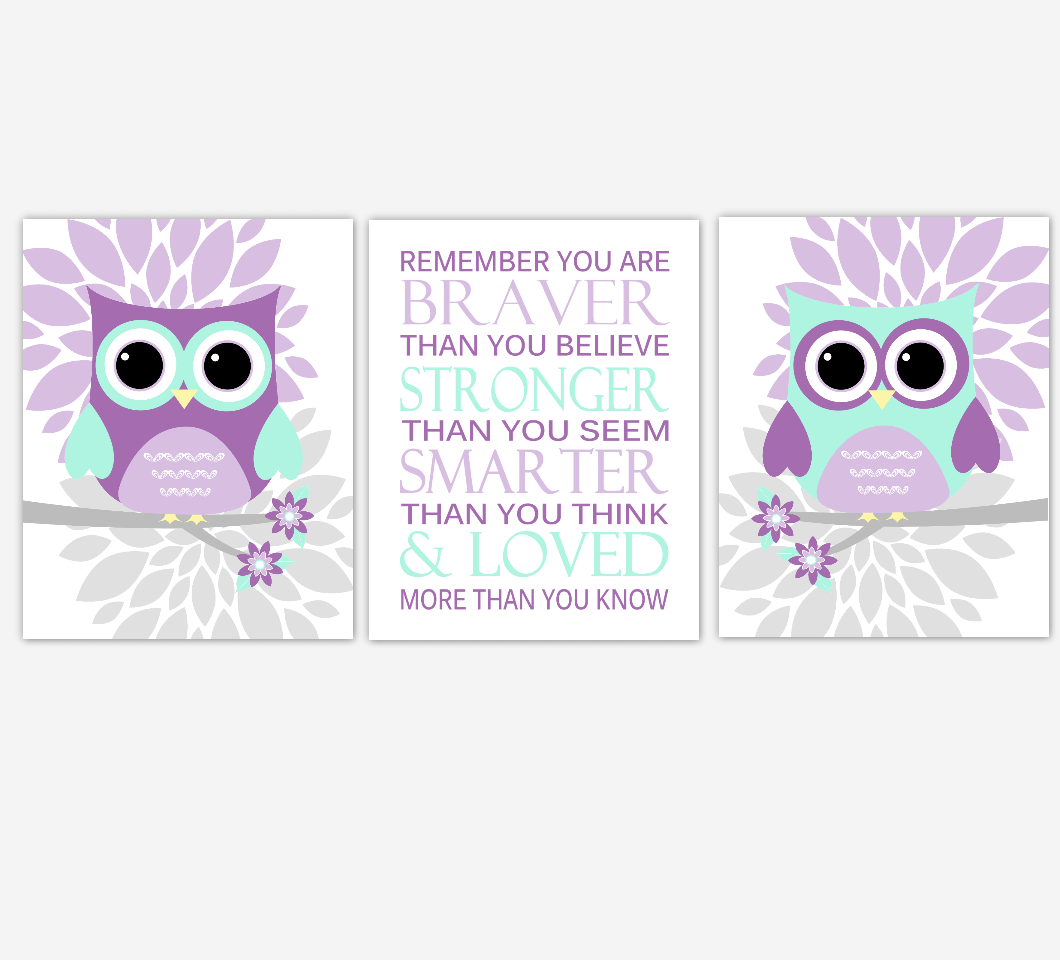 Owls Baby Girl Nursery Wall Art Baby Owl Pictures Pink Purple Mint Dahlia Mum Flowers Baby Nursery Decor