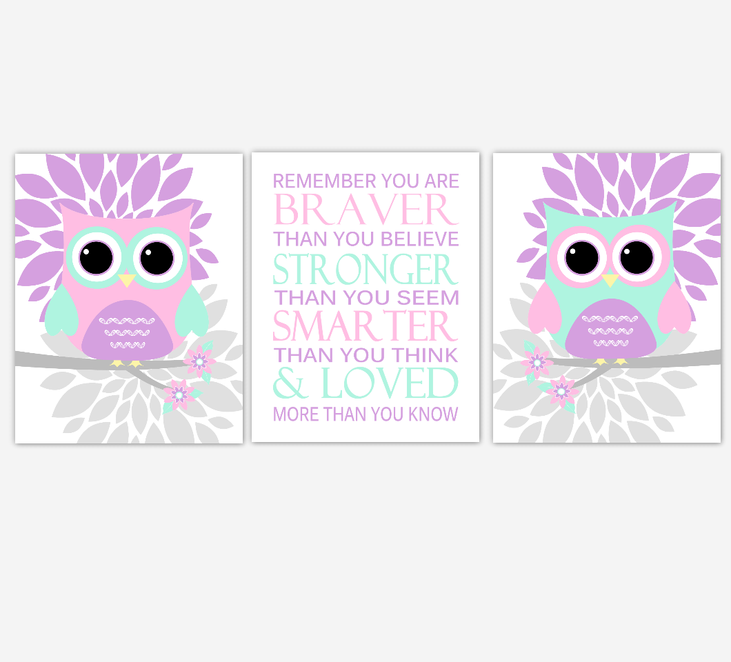 Owl Baby Girl Nursery Wall Art Baby Owl Pictures Pink Purple Mint Dahlia Mum Flowers Baby Nursery Decor