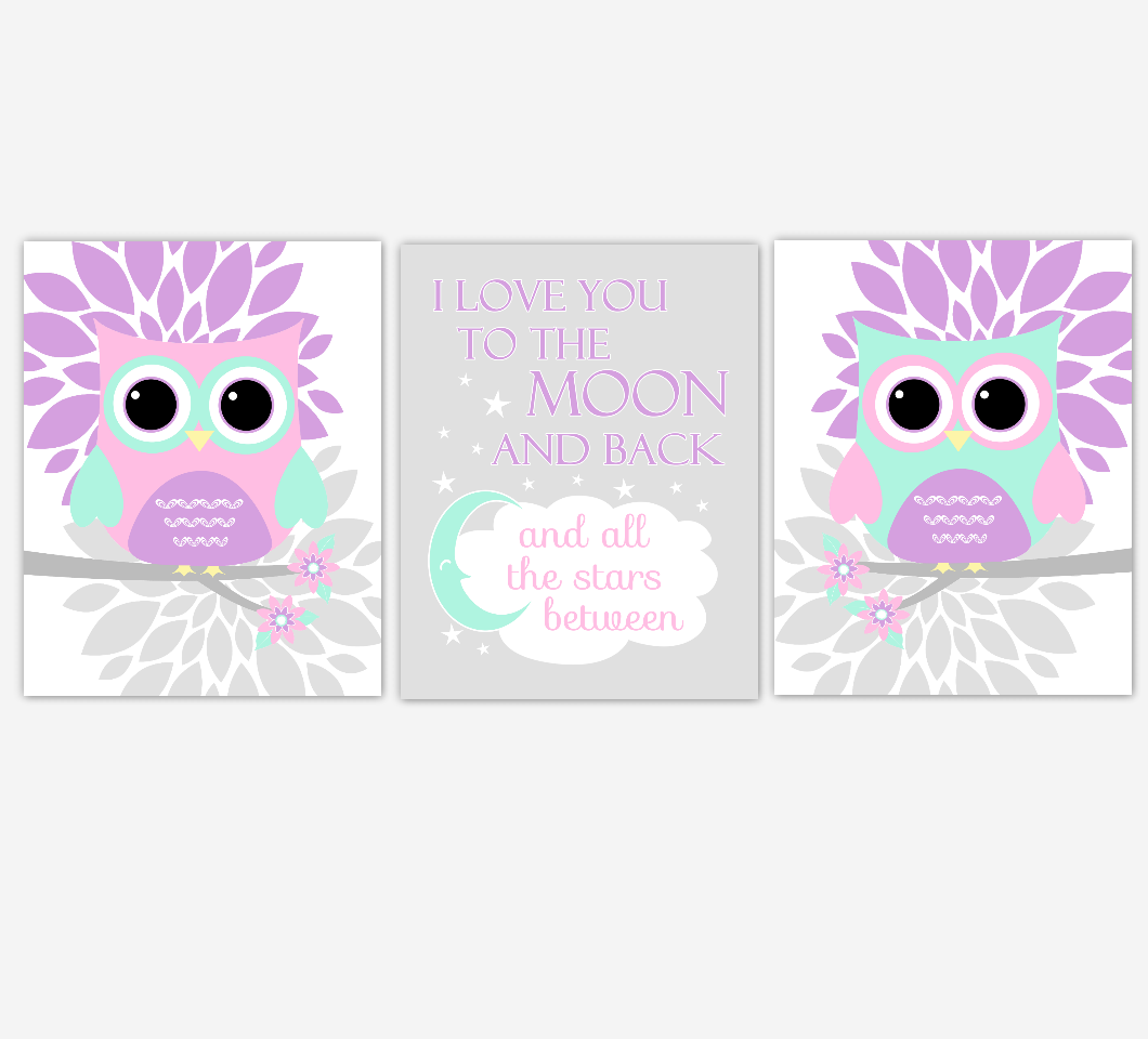 Owl Baby Girl Nursery Wall Art Baby Owl Pictues Pink Mint Purple Dahlia Mum Flowers Baby Nursery Decor