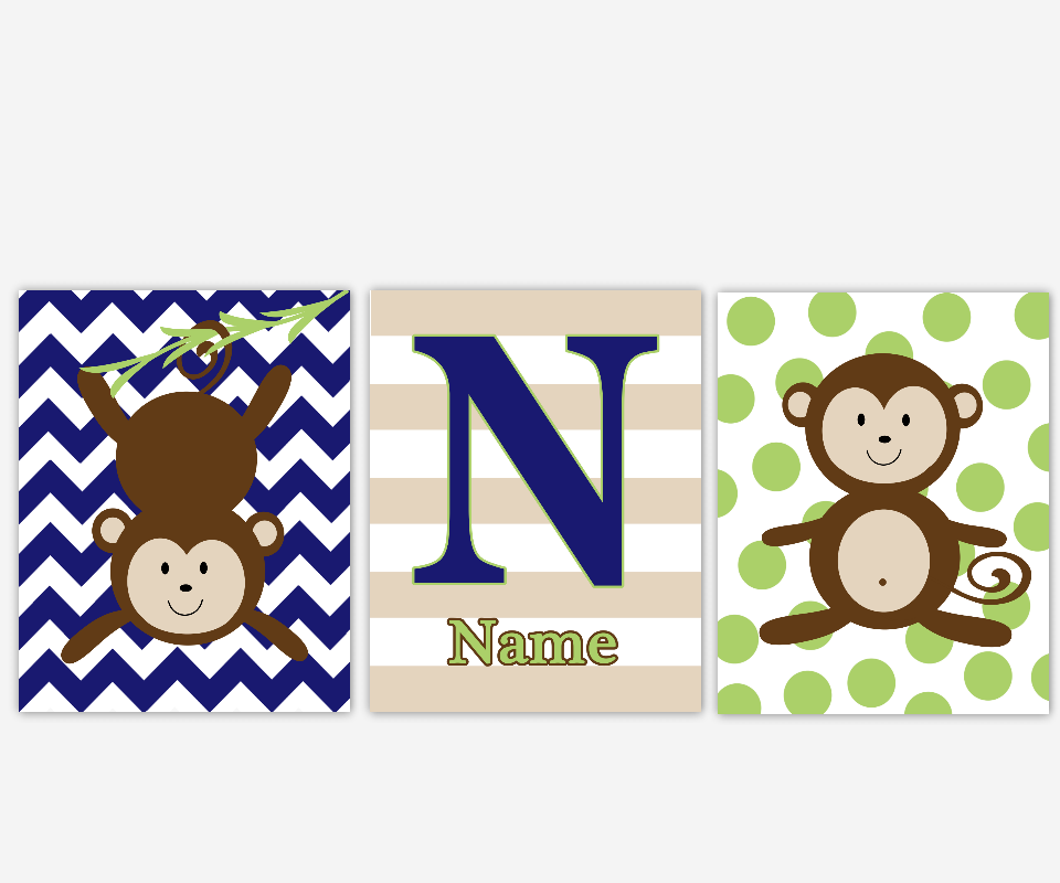 Monkey Baby Boy Nursery Wall Art Boy Room Wall Decor Blue Green Boys Wall Decor Monkey Decor Playroom Art Personalized Wall Art Baby Boy Art Set Of 3 Unframed Prints Dezignerheart