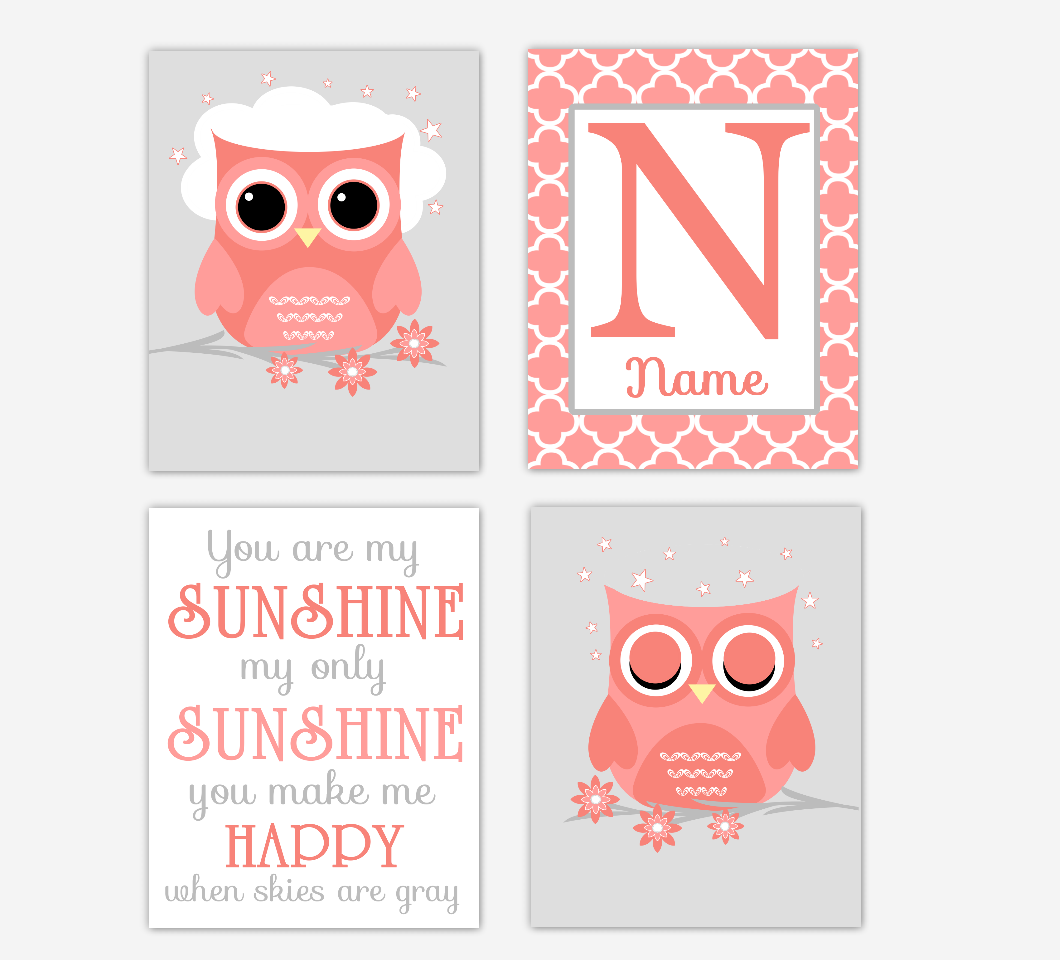 Coral Baby Girl Nursery Art Owl Personalized Name Print You Are My Sunshine Baby Nursery Decor