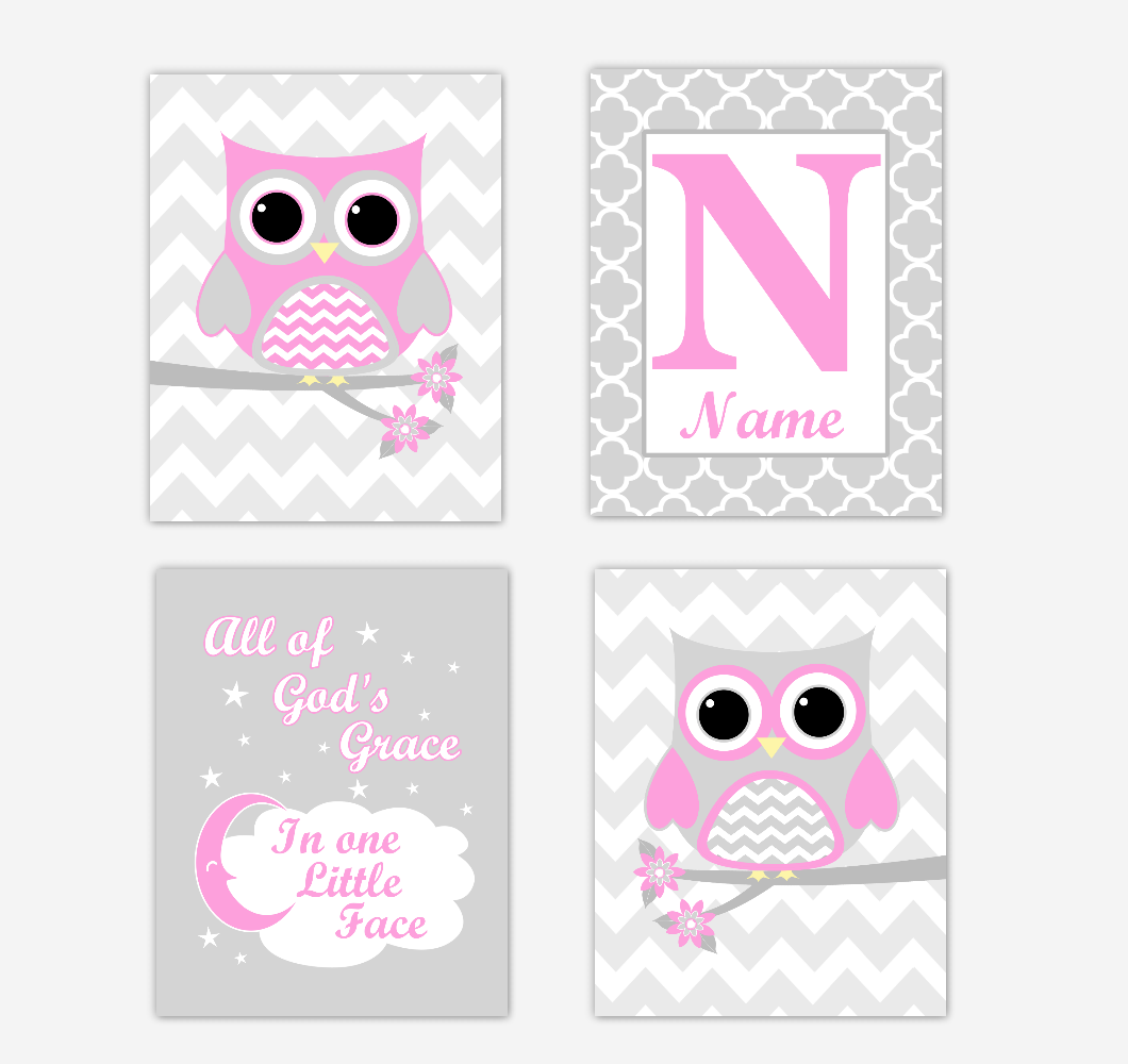 Pink Owls Baby Girl Nursery Wall Art Prints Personalized Baby Nursery Decor All Of Gods Grace