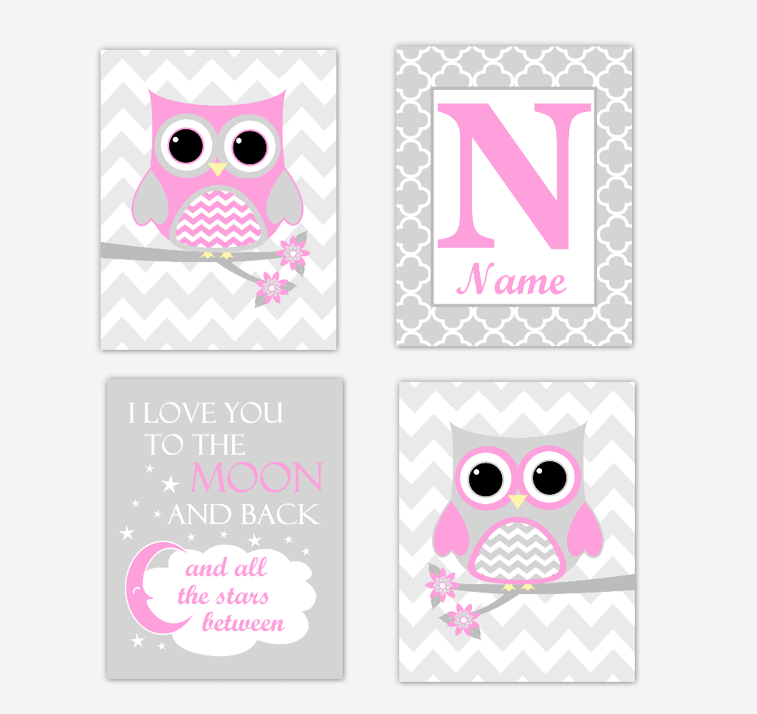 Pink Owls Baby Girl Nursery Wall Art Prints Personalized Baby Nursery Decor I Love You To The Moon and Back